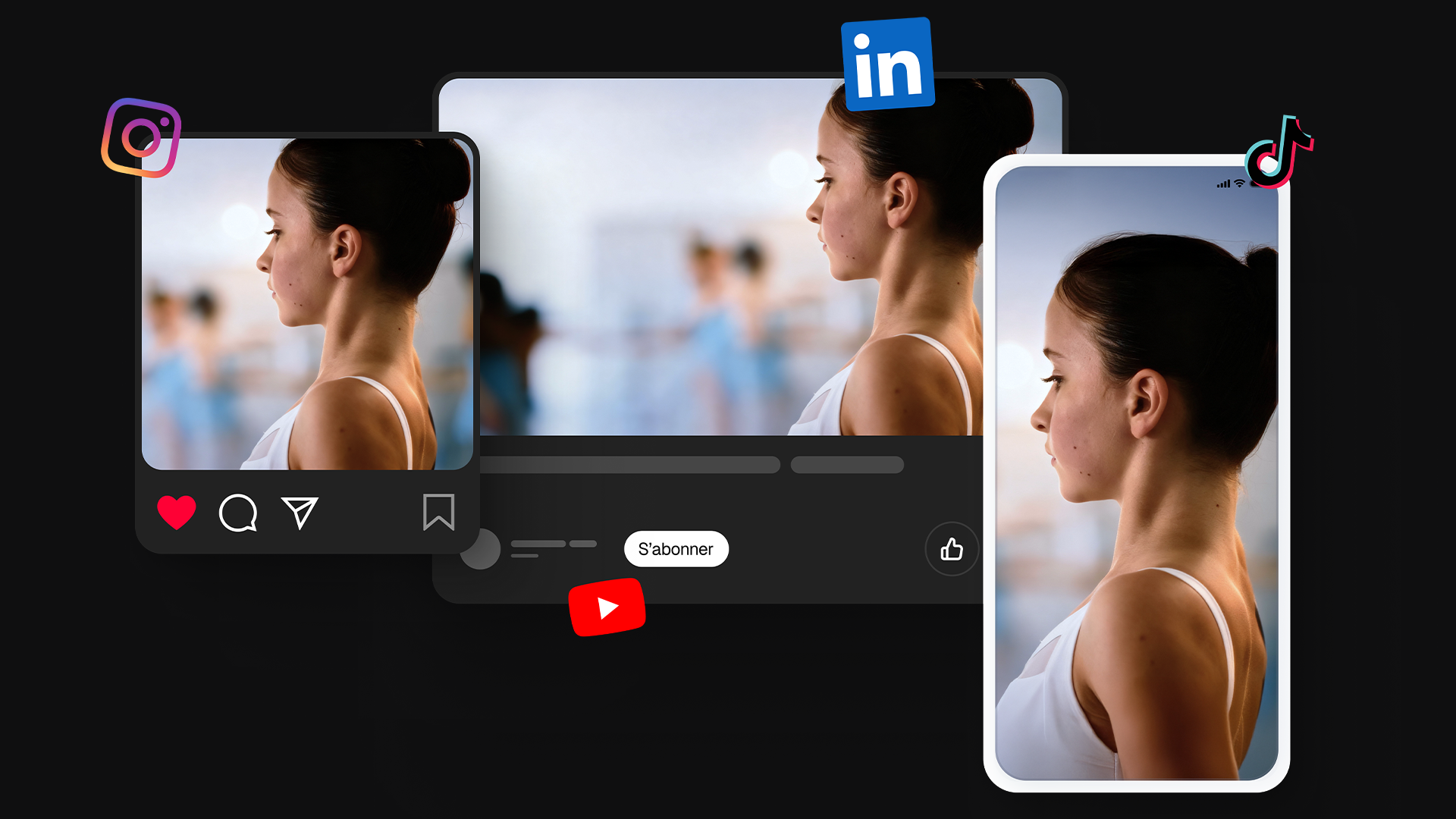 Composition visuelle représentant la diffusion d'un contenu sur plusieurs réseaux sociaux. Au centre, une photo d'une danseuse de ballet, vue de profil, les cheveux tirés en chignon et vêtue d'un justaucorps blanc, est affichée dans trois formats différents : le format carré d'Instagram (avec son logo en haut à gauche), le format vidéo horizontal de YouTube/LinkedIn (avec leurs logos) et le format vertical de TikTok (avec son logo en haut à droite).