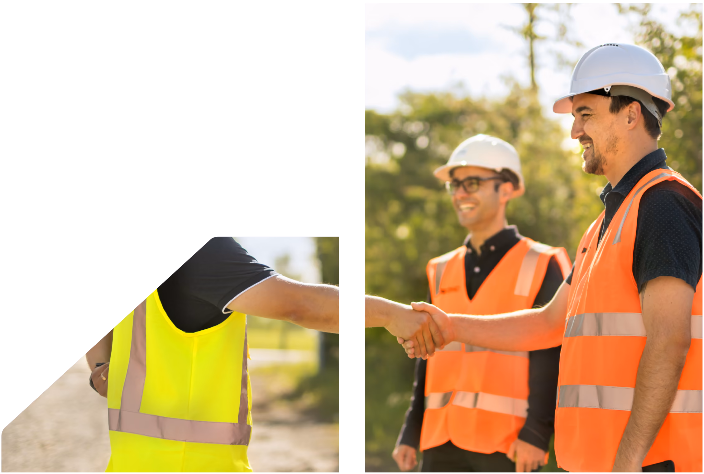 Two construction workers wearing white helmets and orange safety vests shake hands outdoors while another worker in a yellow vest extends a hand toward them, against a blurred background of trees and daylight.