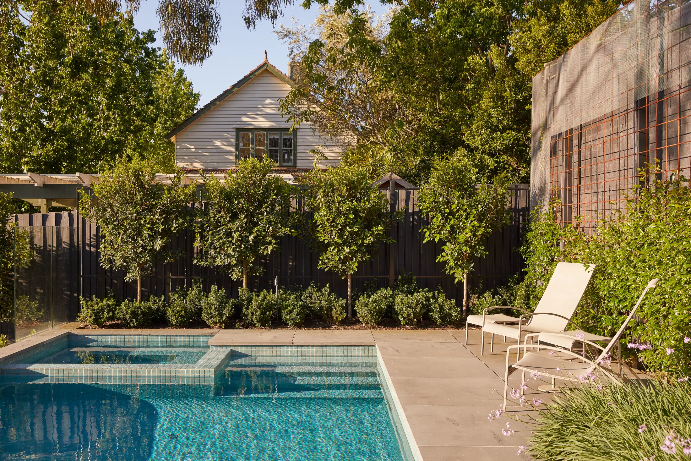 Swimming pool and landscaped outdoor area at an architectural home in Melbourne.