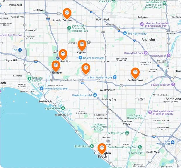 Orange location pins on map of Orange County, California cities