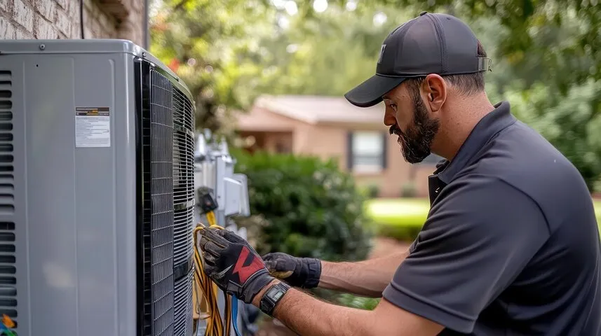Technician in cap repairing outdoor air conditioning unit