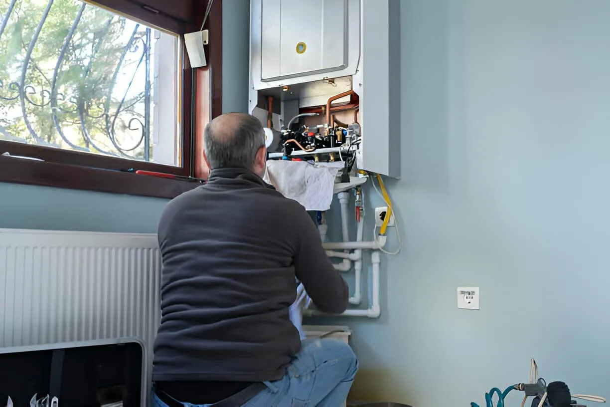 Technician repairing boiler, examining internal components near window