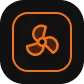 Orange fan or propeller icon on a black square background