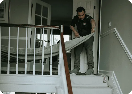 Worker installing carpet on stairs in home interior