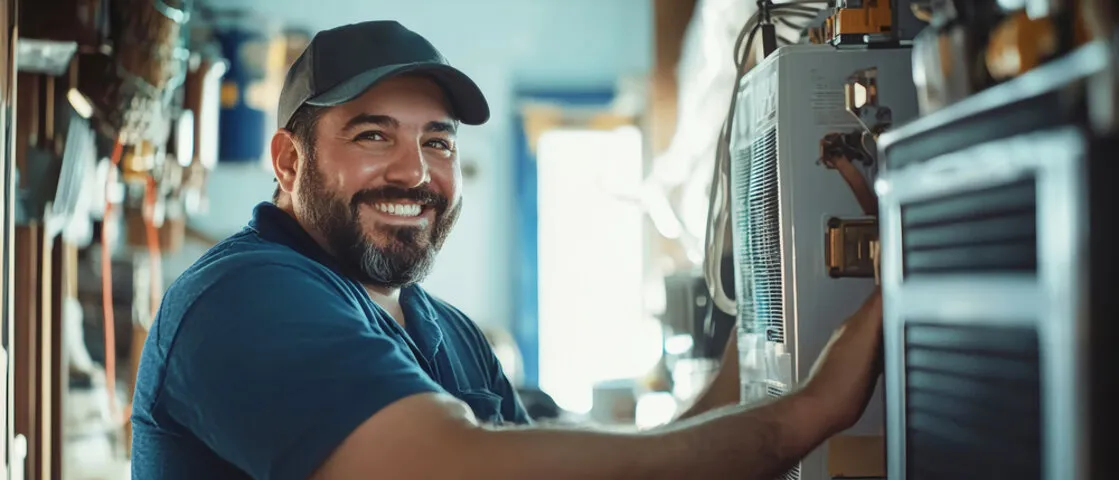 Smiling technician in blue shirt and cap working on electrical equipment