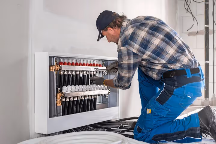 Technician installing or checking heating system manifold with pipes and valves