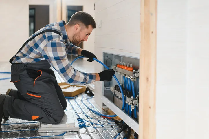 Technician installing heating system pipes and connections in building interior