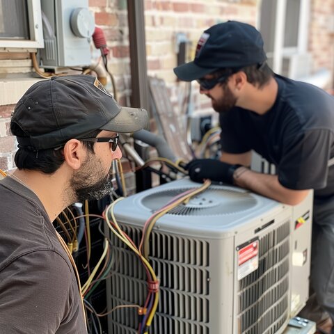 Two technicians repairing an air conditioning unit outside a building