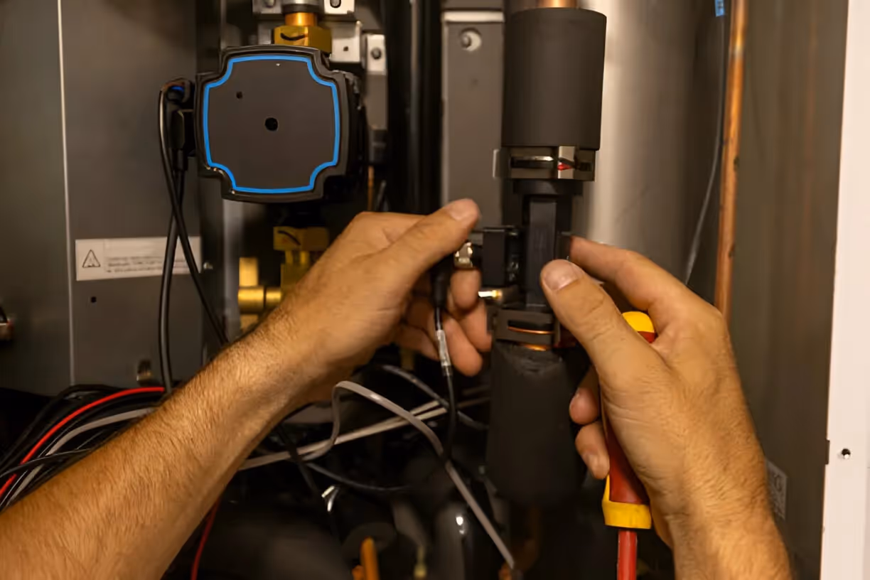 Technician working on electrical equipment with wires and tools