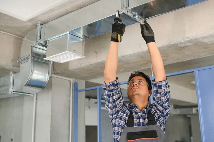 Worker installing metal ductwork on industrial building ceiling