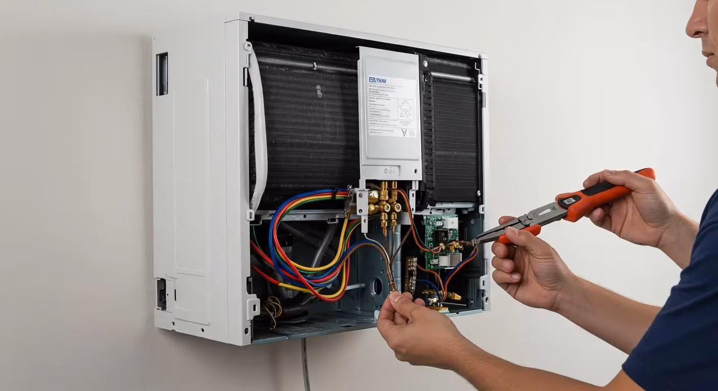 Technician repairing an open electrical panel with colorful wires and components