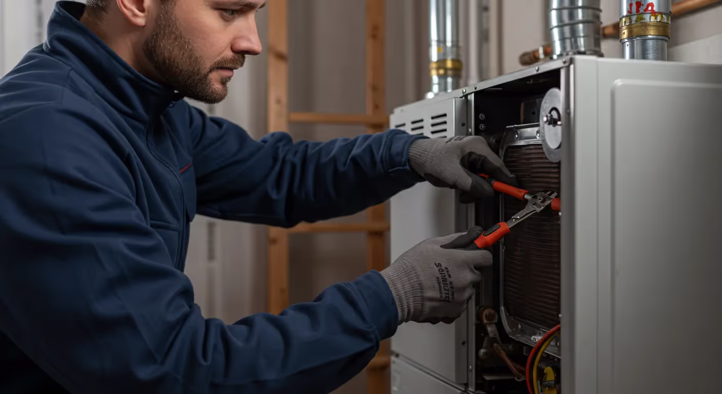 Technician in blue jacket repairing heating system with pliers