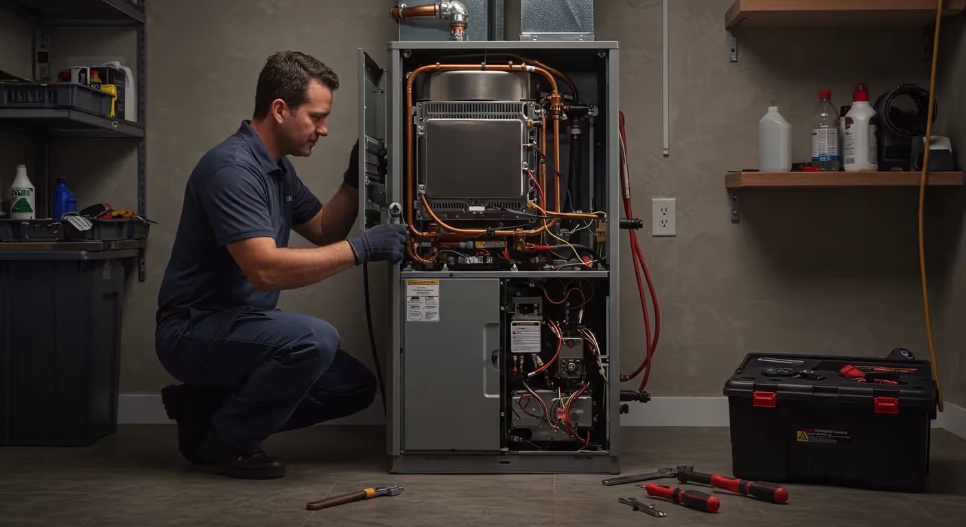 Technician repairing an industrial HVAC system in a utility room