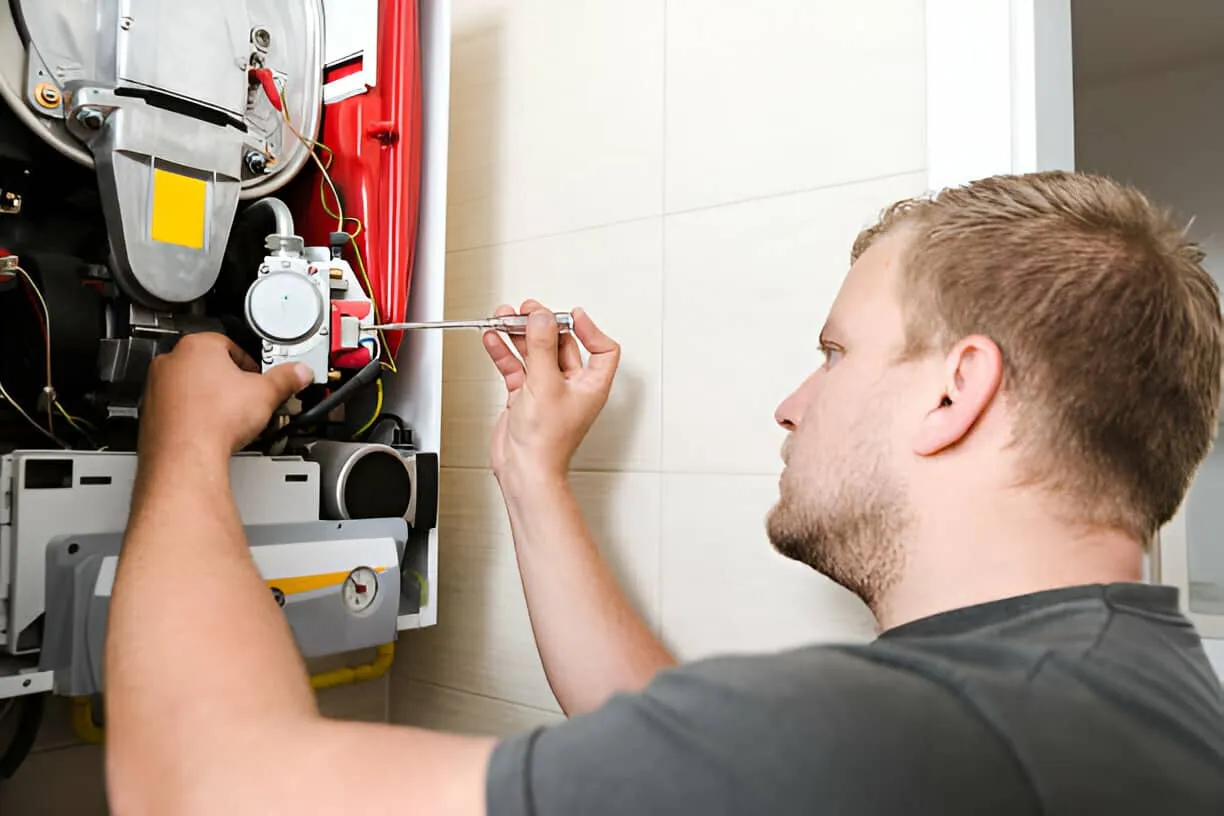 Technician repairing electrical equipment with screwdriver