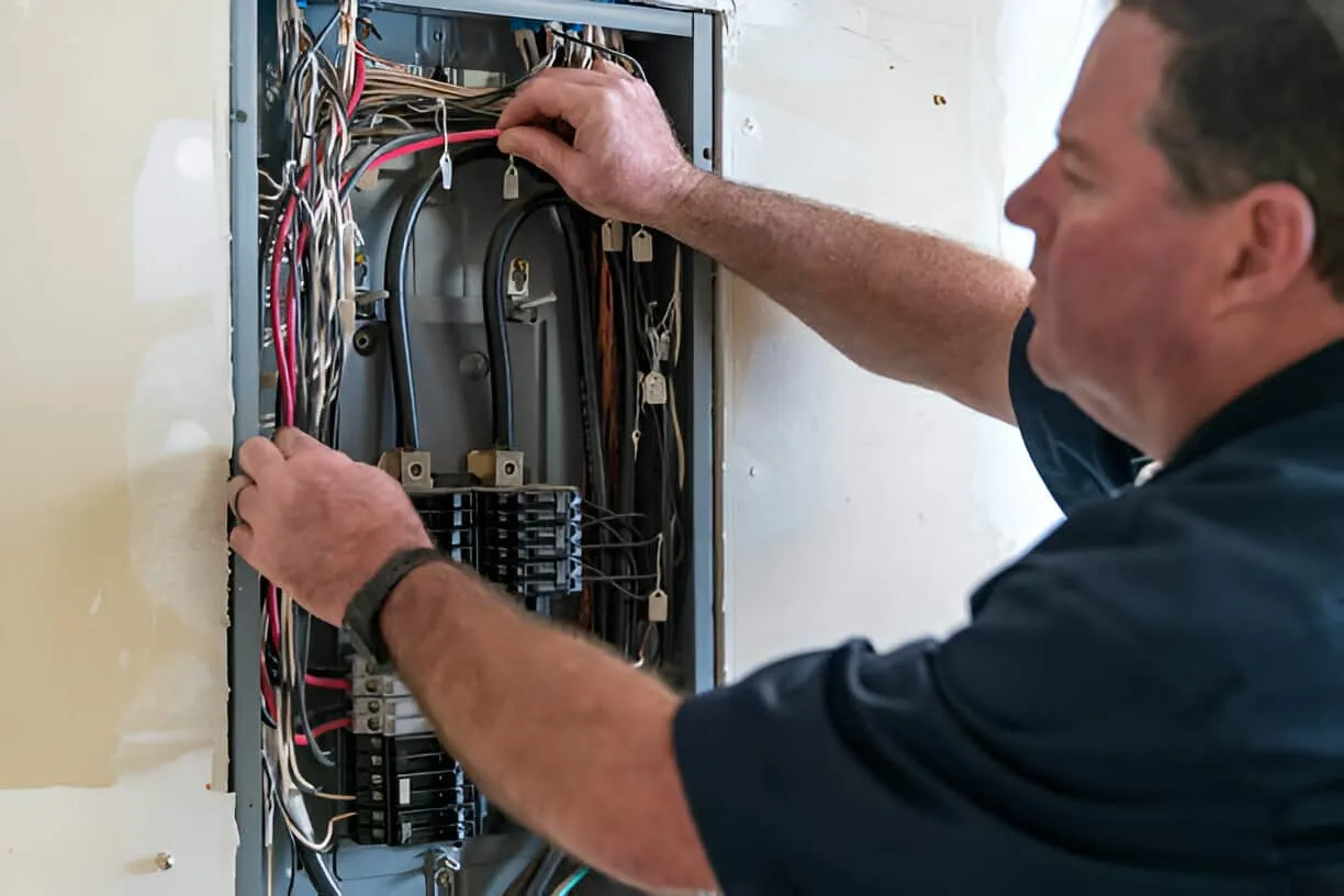 Electrician working on electrical panel with exposed wires and circuit breakers