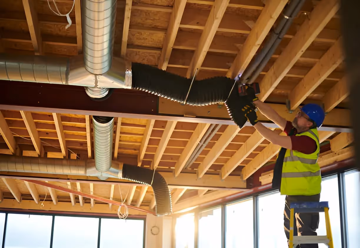 Worker installing flexible ductwork on wooden ceiling beams