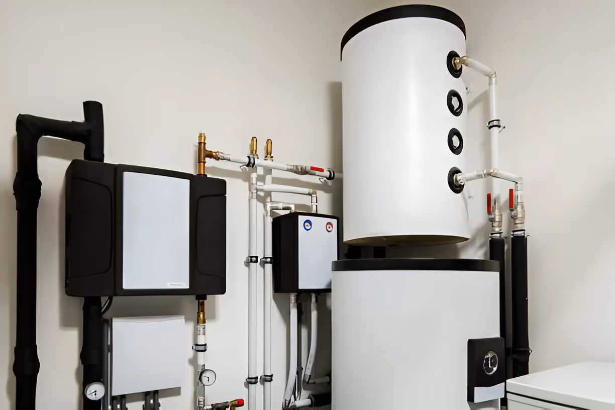Home heating system with water tank and boiler equipment