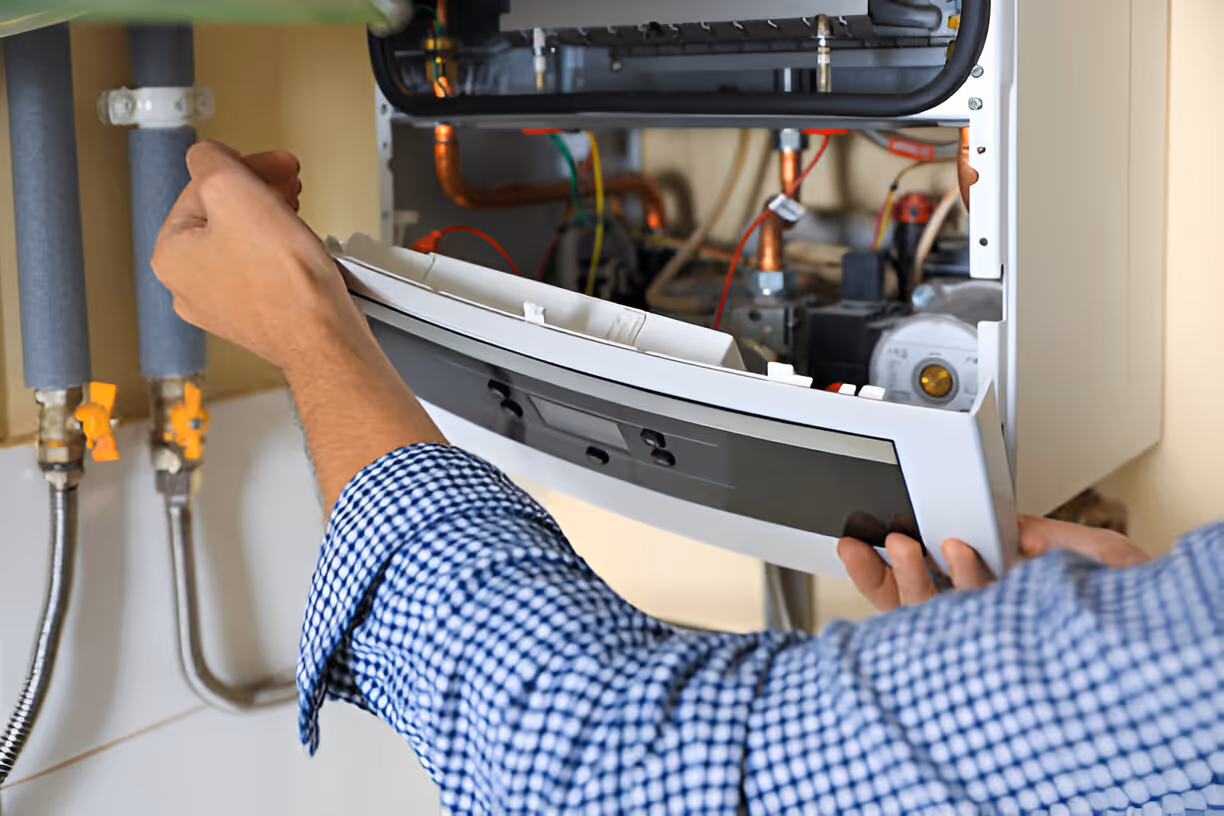 Technician repairing and adjusting components inside a heating system