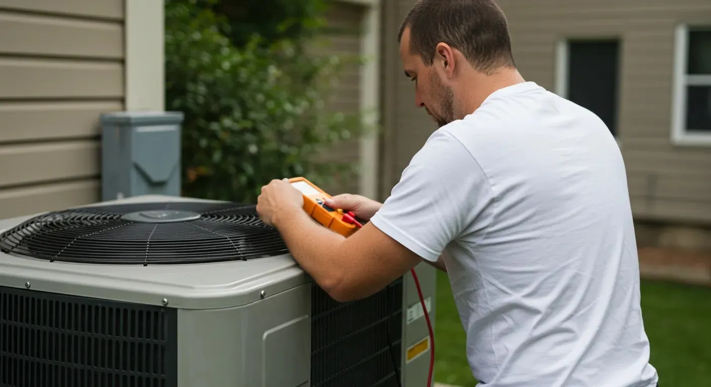 A professional technician performs a routine tune-up on an outdoor air conditioning unit, using a multimeter to check the electrical components.