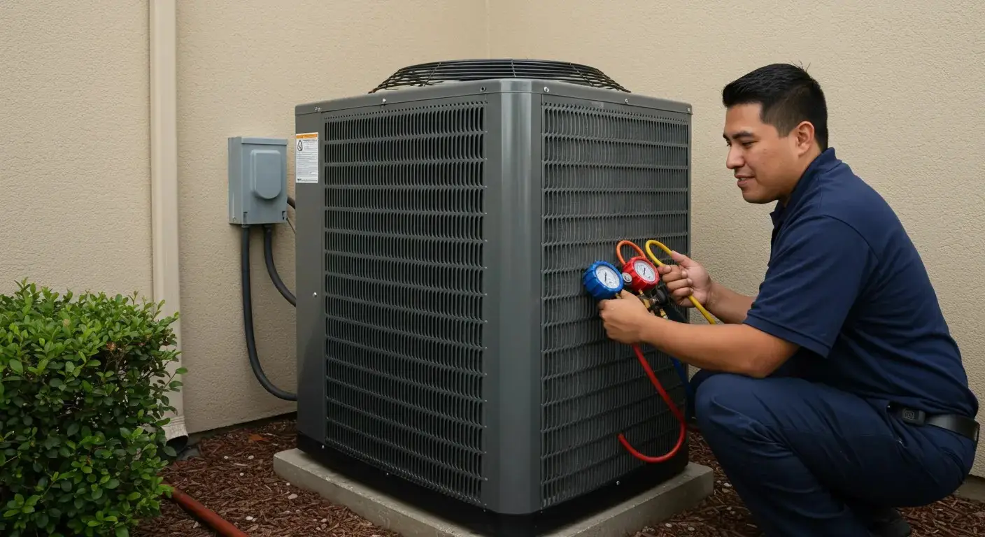 HVAC technician performing AC tune-up, checking refrigerant levels on an outdoor air conditioning unit next to a house