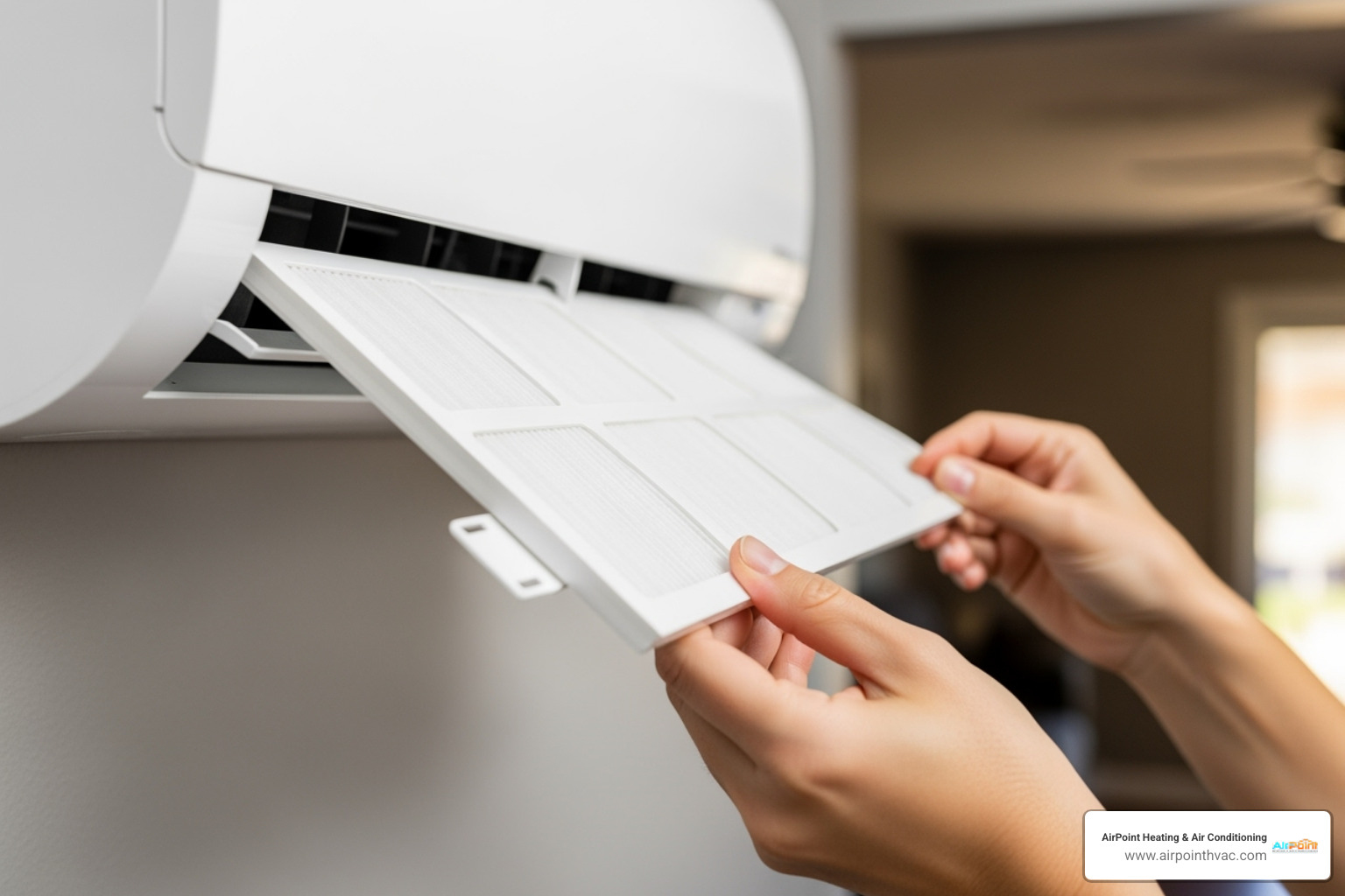 a homeowner easily sliding a filter out of an indoor mini split unit - ductless mini split maintenance