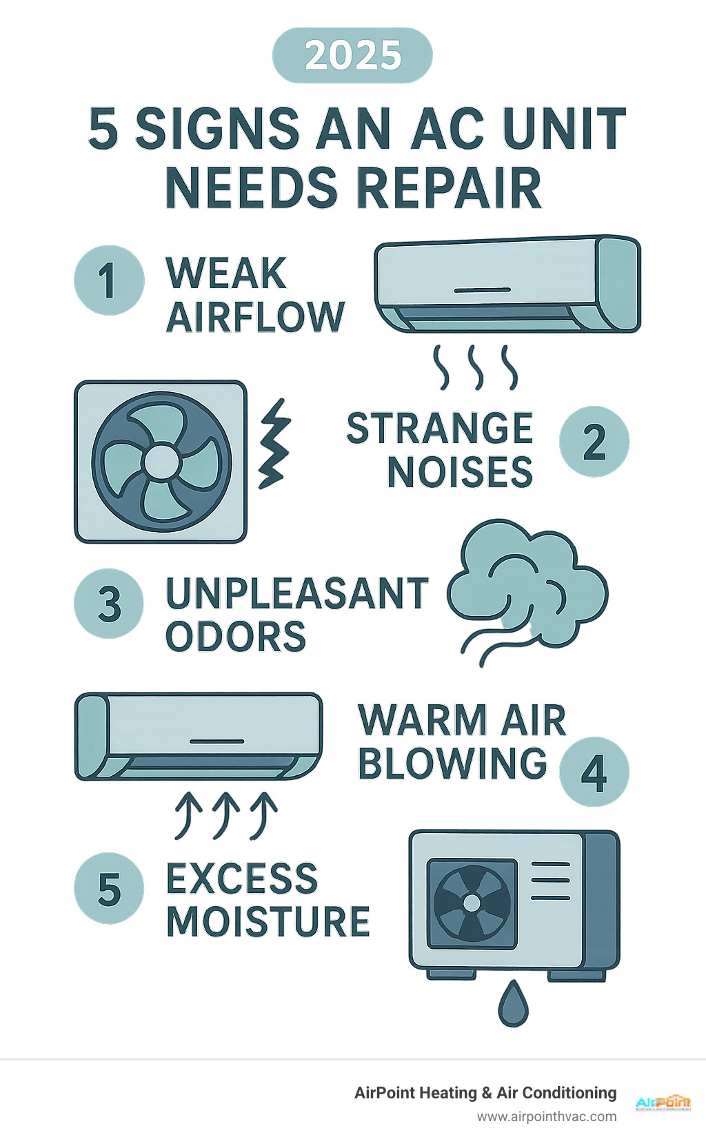 Infographic explaining the 5 most common signs an AC unit needs repair - AC repair Yorba Linda infographic 