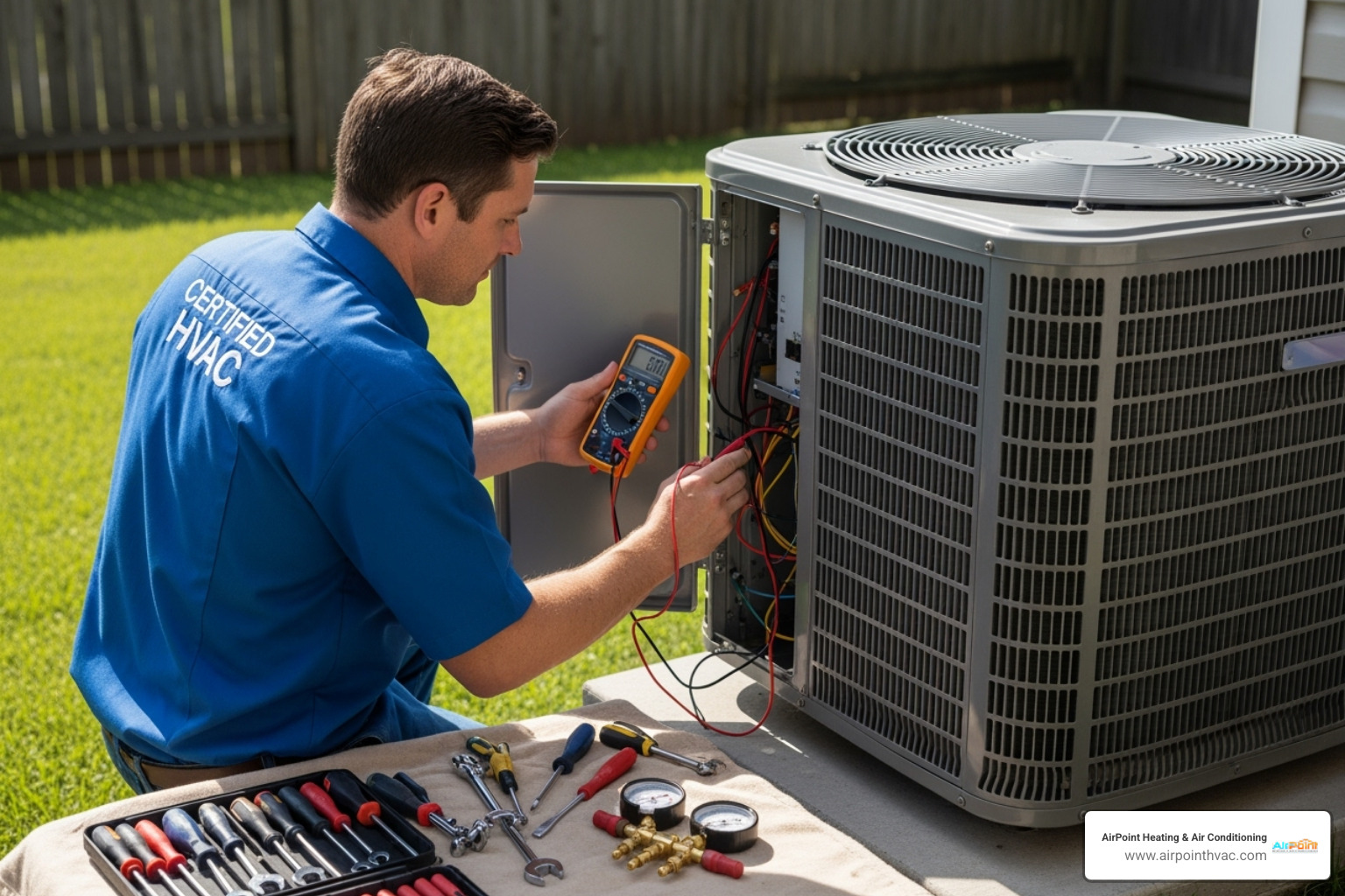 certified technician diagnosing outdoor AC unit - AC repair Huntington Beach