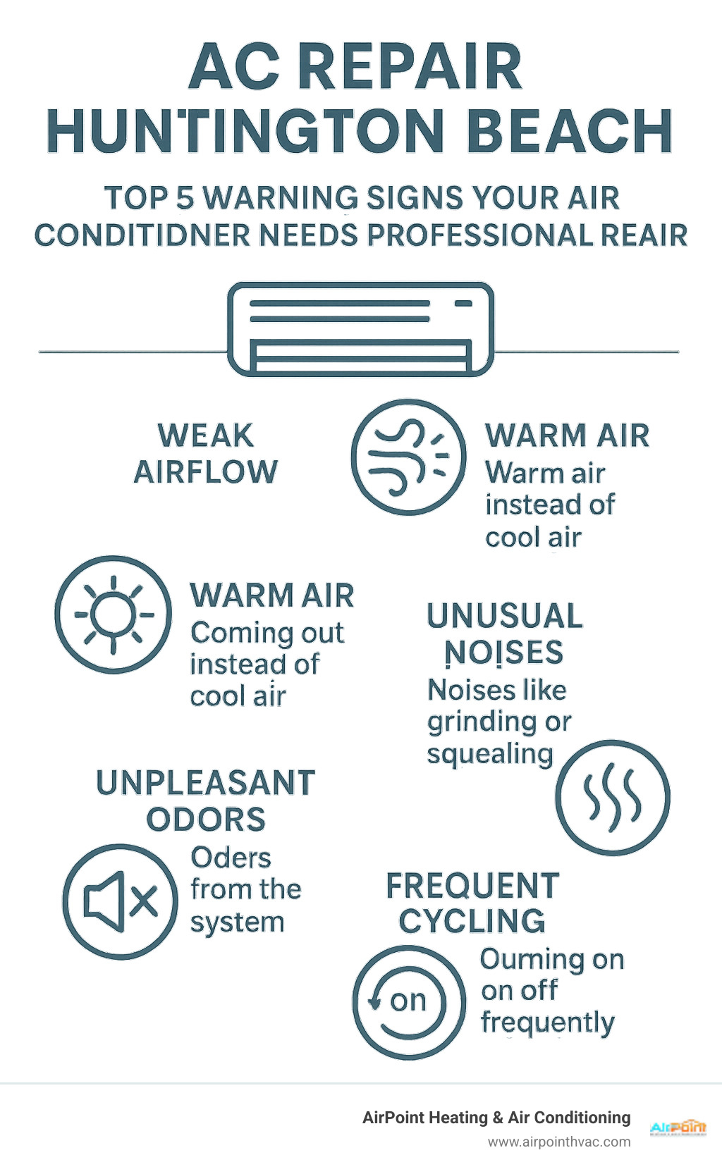 Infographic showing the top 5 warning signs your Huntington Beach air conditioner needs professional repair: weak airflow from vents, warm air instead of cool air, unusual noises like grinding or squealing, unpleasant odors from the system, and frequent on-off cycling - AC repair Huntington Beach infographic 