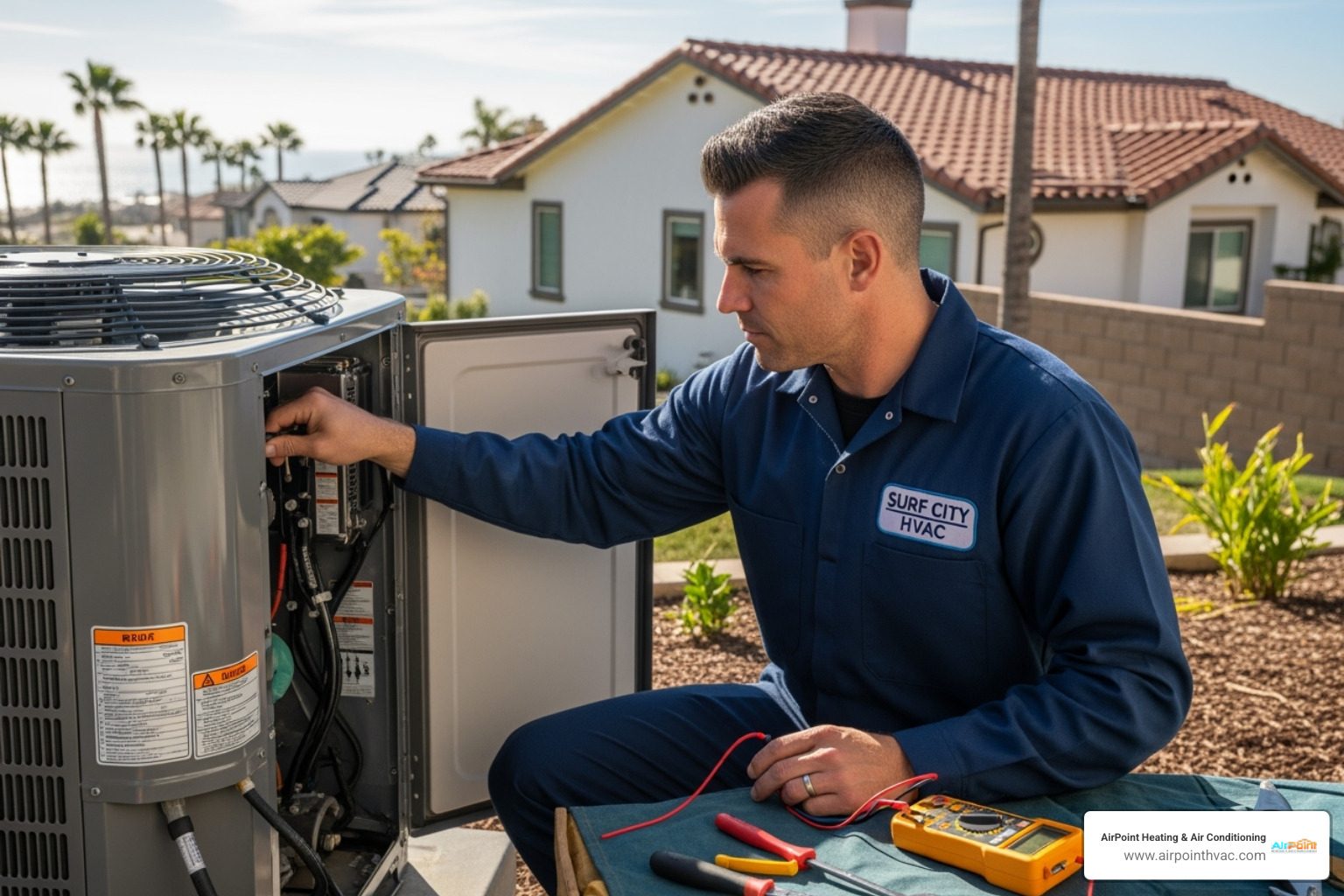 technician performing seasonal AC tune-up - AC repair Huntington Beach