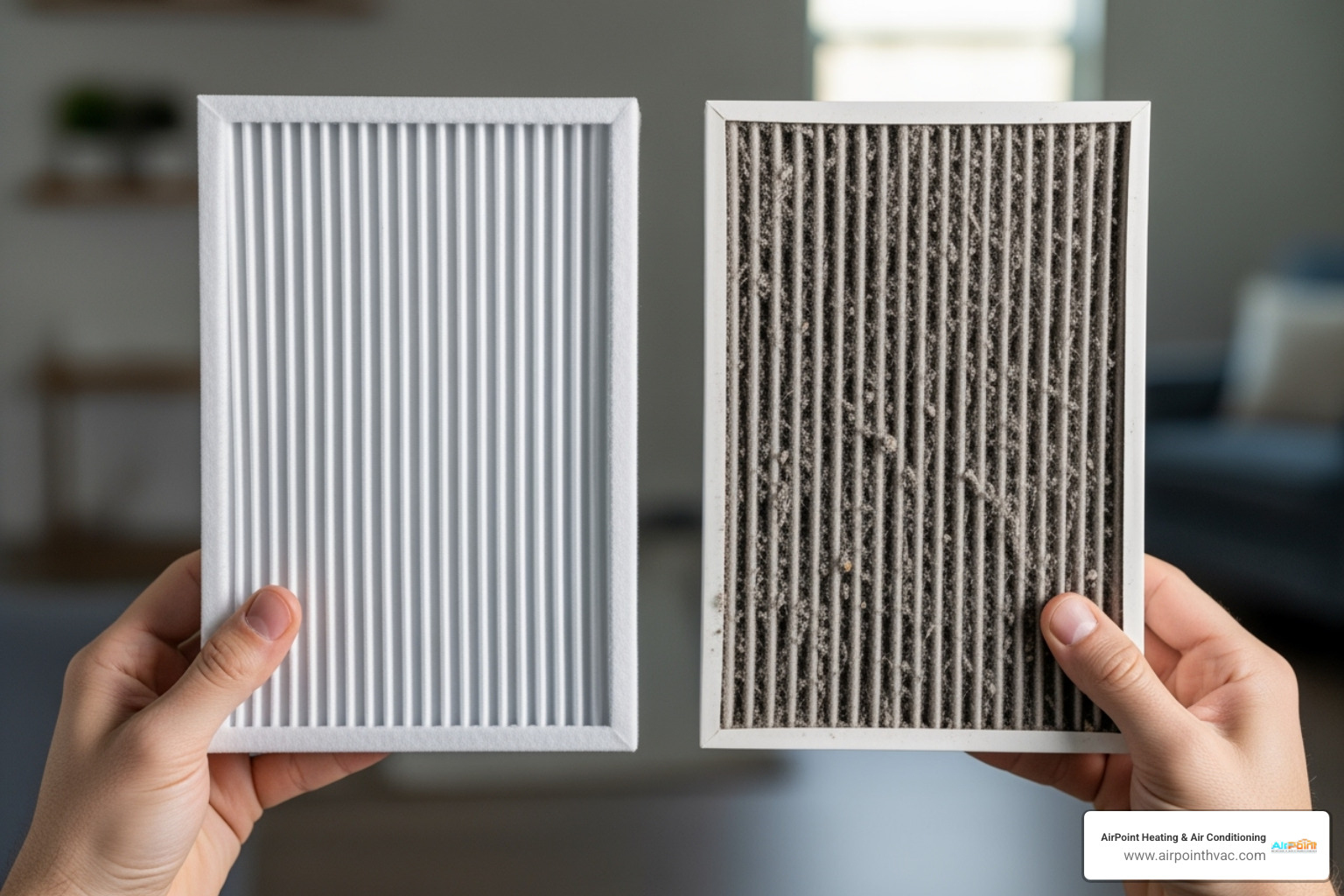 person holding clean and dirty furnace filter side-by-side - furnace not heating
