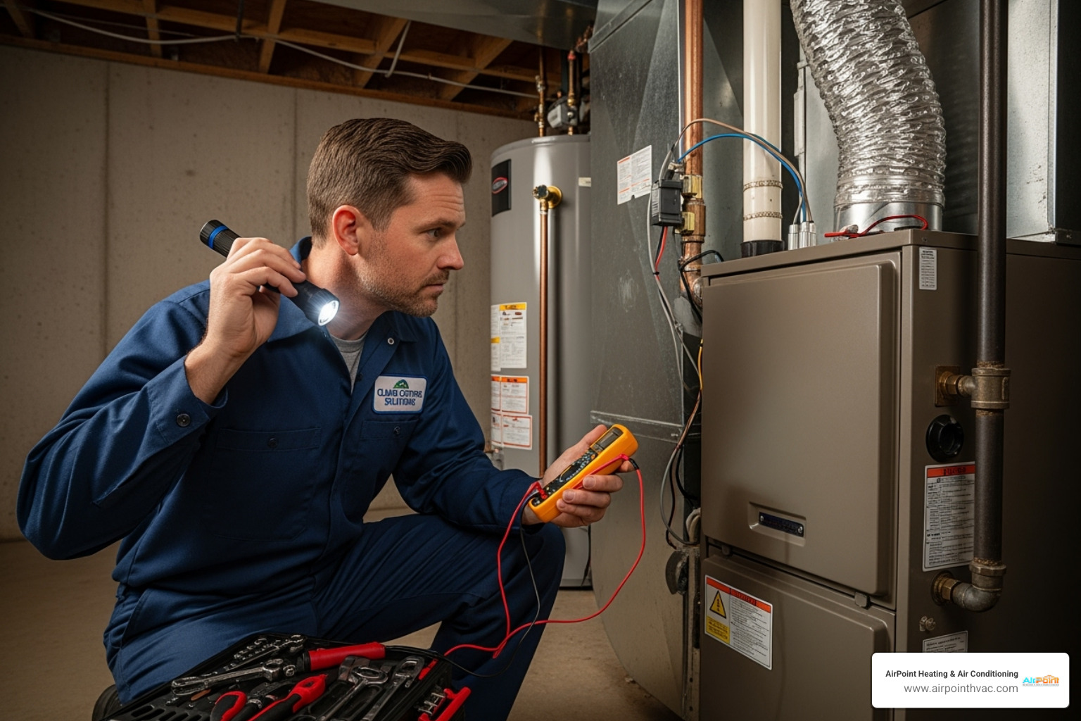 certified technician inspecting furnace - furnace not heating