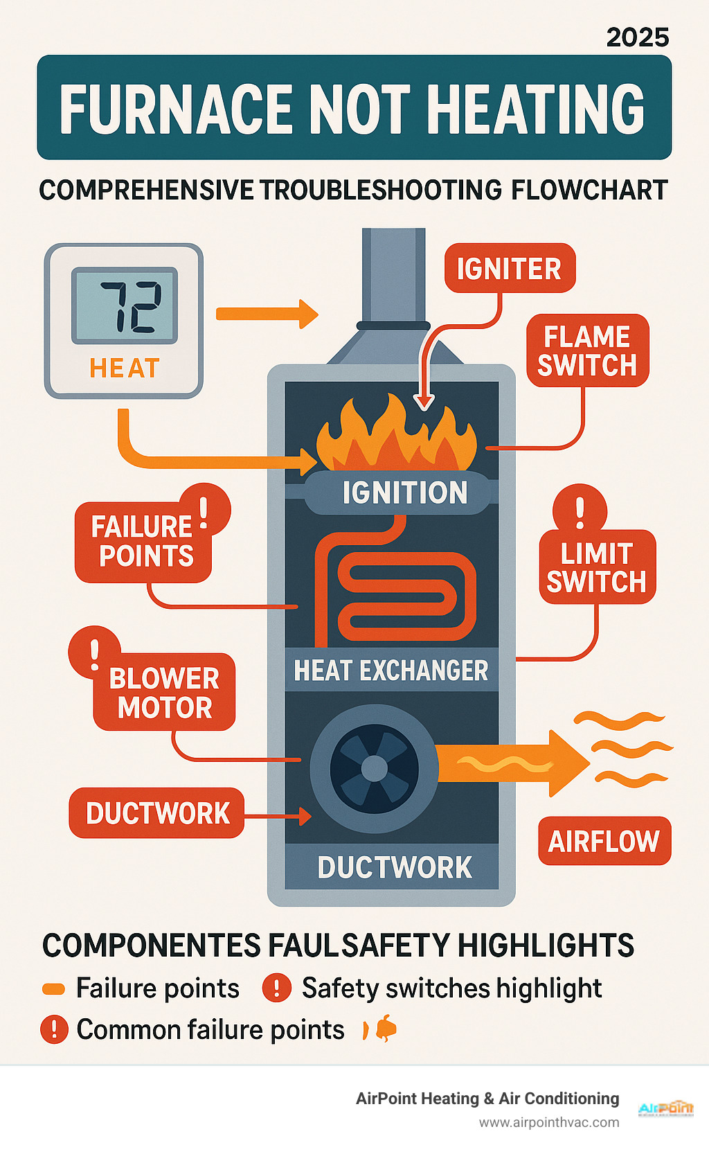 Comprehensive furnace troubleshooting flowchart showing the heating cycle from thermostat signal through ignition, heat exchanger, blower operation, and air distribution, with common failure points and safety switches highlighted at each stage - furnace not heating infographic 