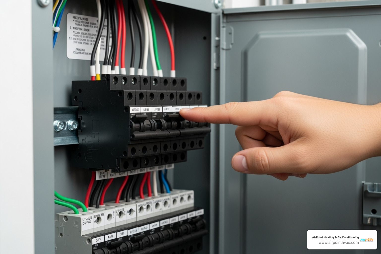 home electrical panel with hand pointing to furnace breaker - furnace not heating
