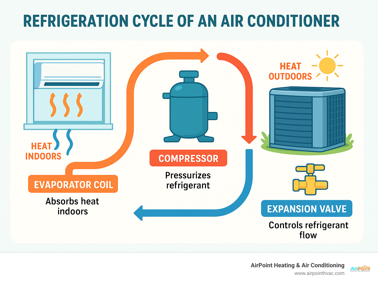 Detailed infographic showing the refrigeration cycle of an air conditioner, including evaporator coil absorbing heat indoors, compressor pressurizing refrigerant, condenser coil releasing heat outdoors, and expansion valve controlling refrigerant flow - AC unit not cooling infographic 