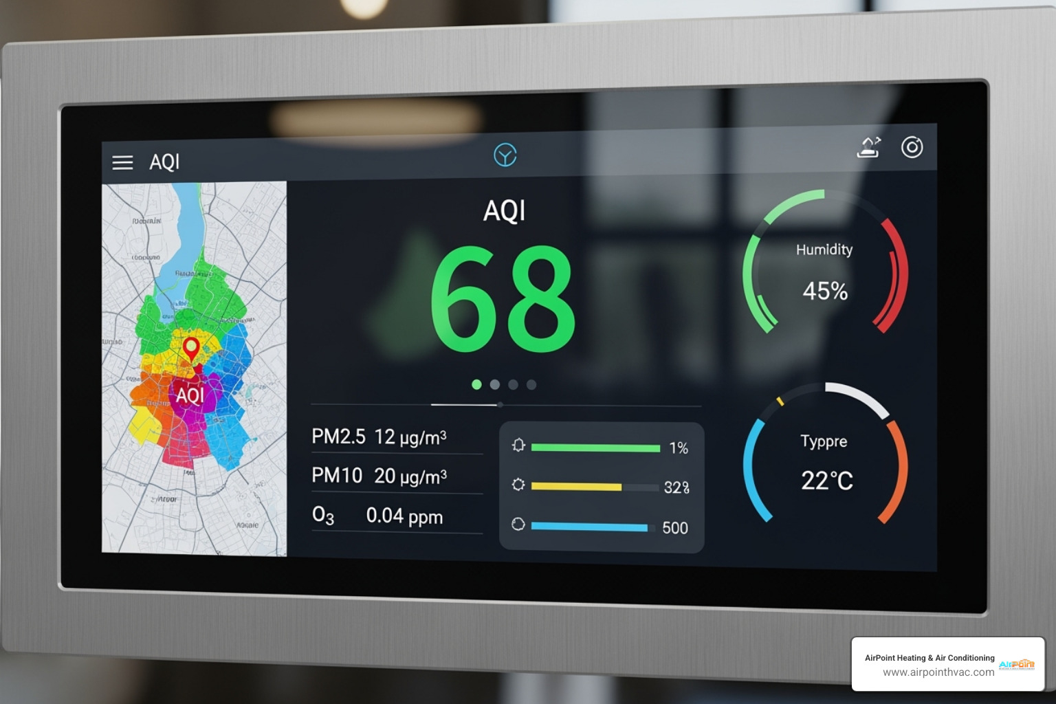 digital dashboard showing air quality metrics - Huntington Beach air quality