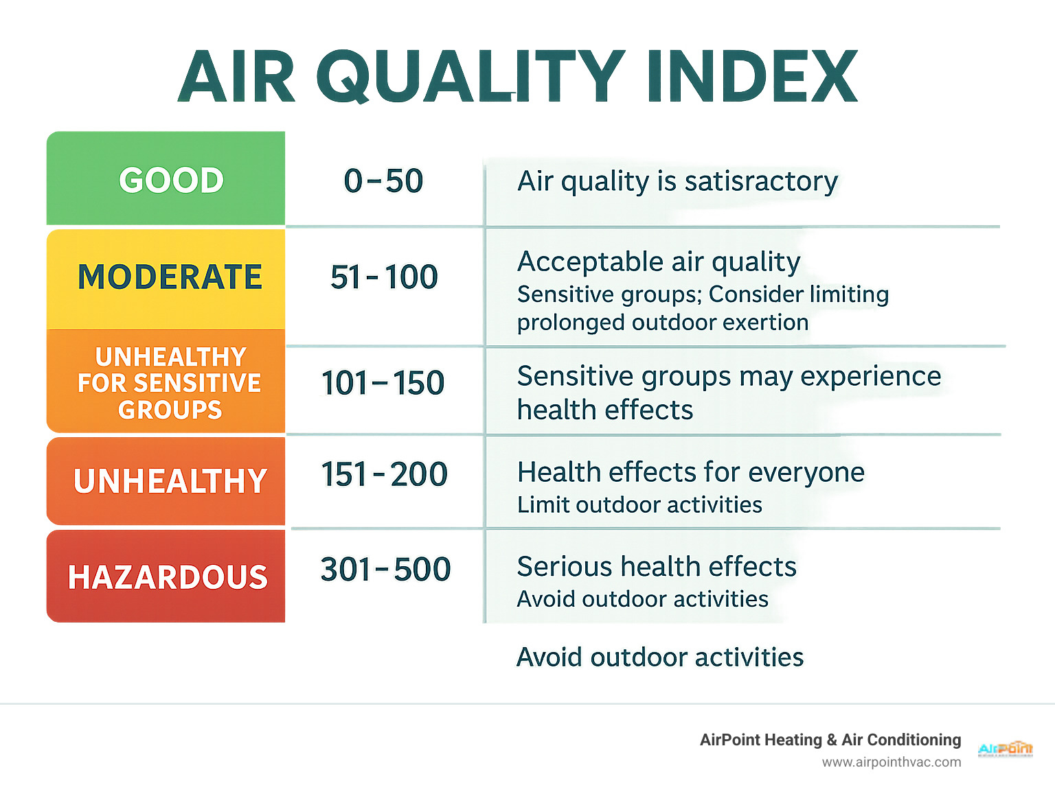 Infographic showing the Air Quality Index scale from 0-50 Good (green) to 301-500 Hazardous (maroon), with health implications and recommended actions for each level, including specific guidance for sensitive groups like children, elderly, and people with asthma - Huntington Beach air quality infographic 