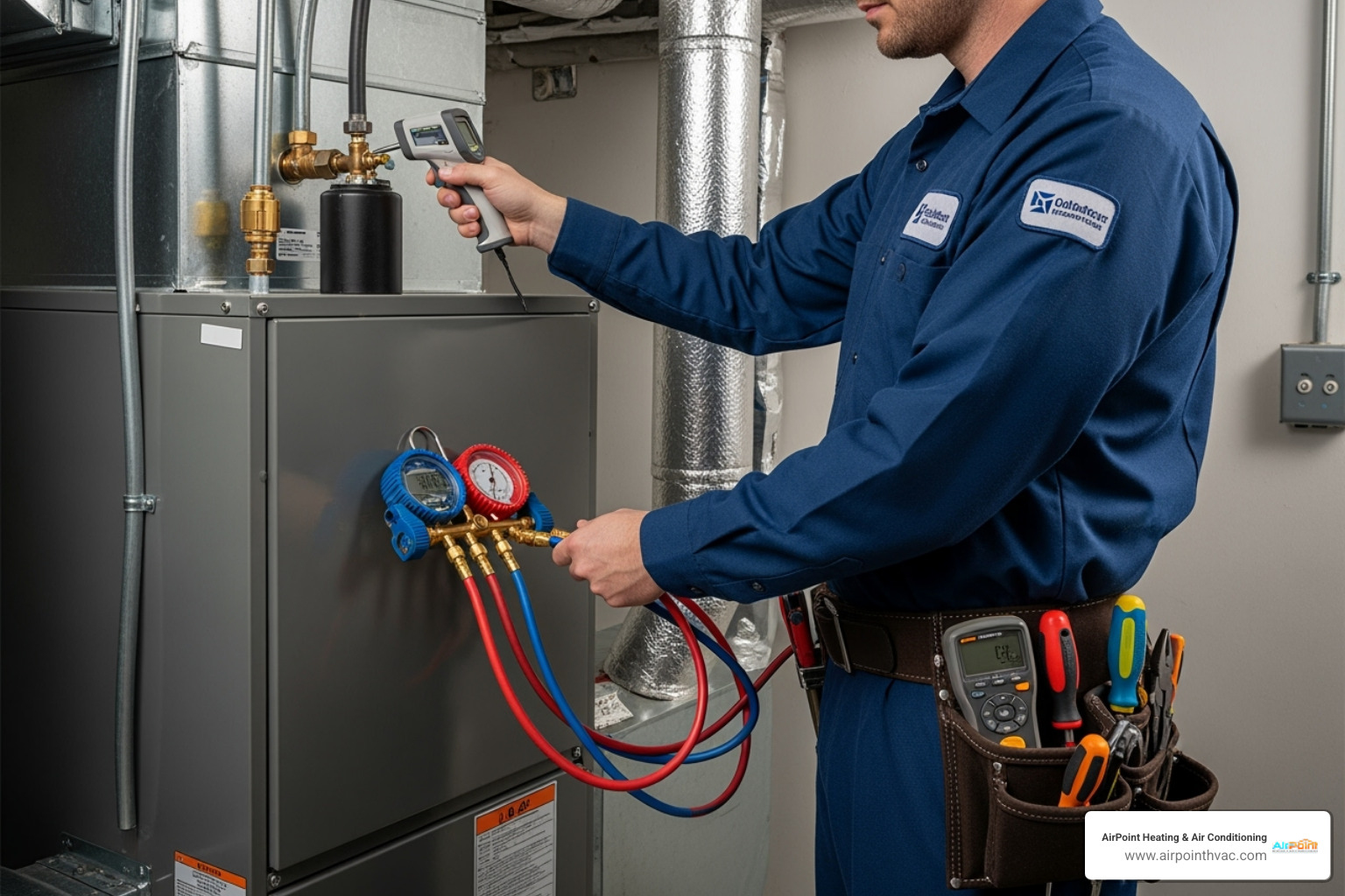 a technician using diagnostic tools on an indoor air handler - HVAC heat pump maintenance