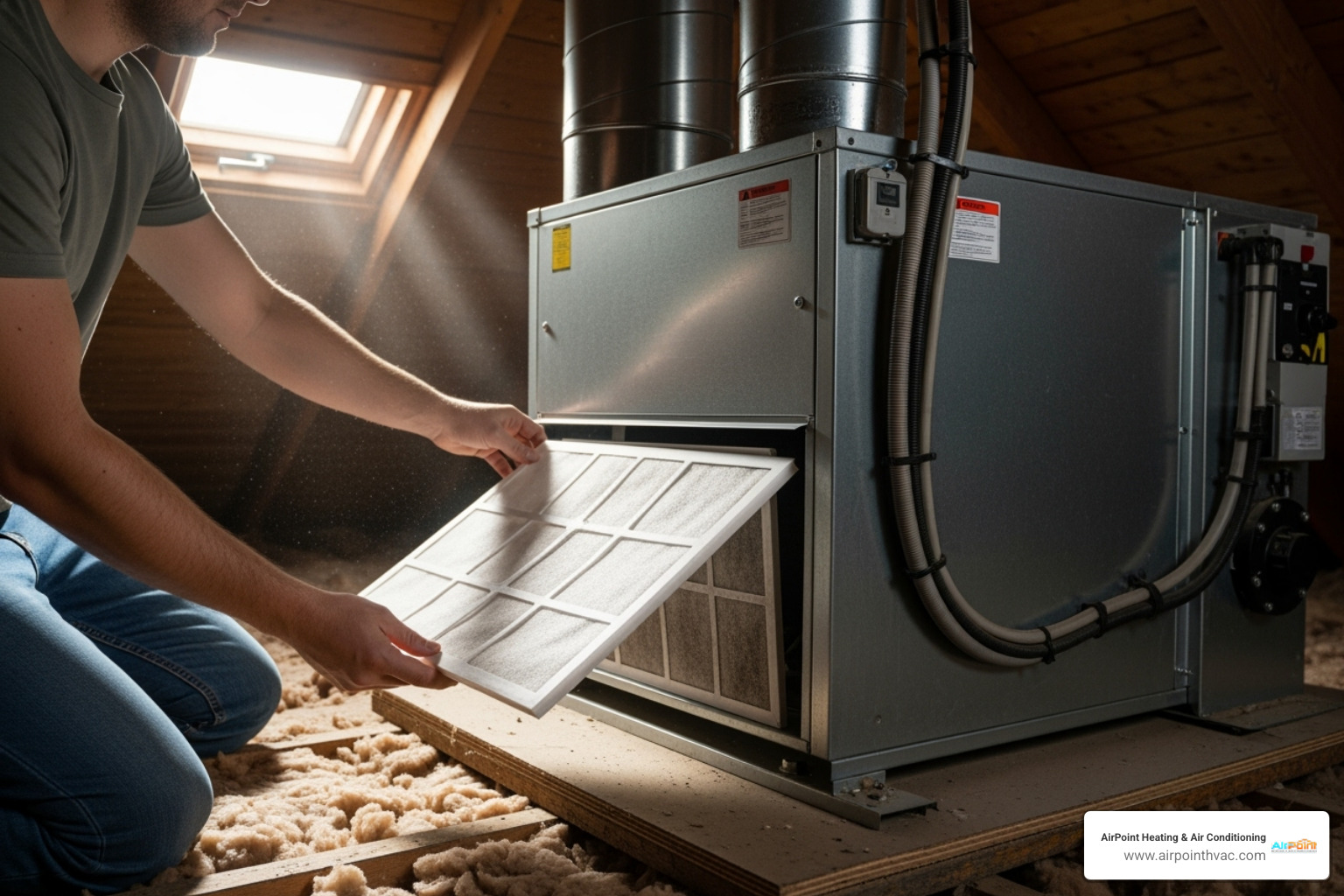 a homeowner replacing a heat pump air filter - HVAC heat pump maintenance