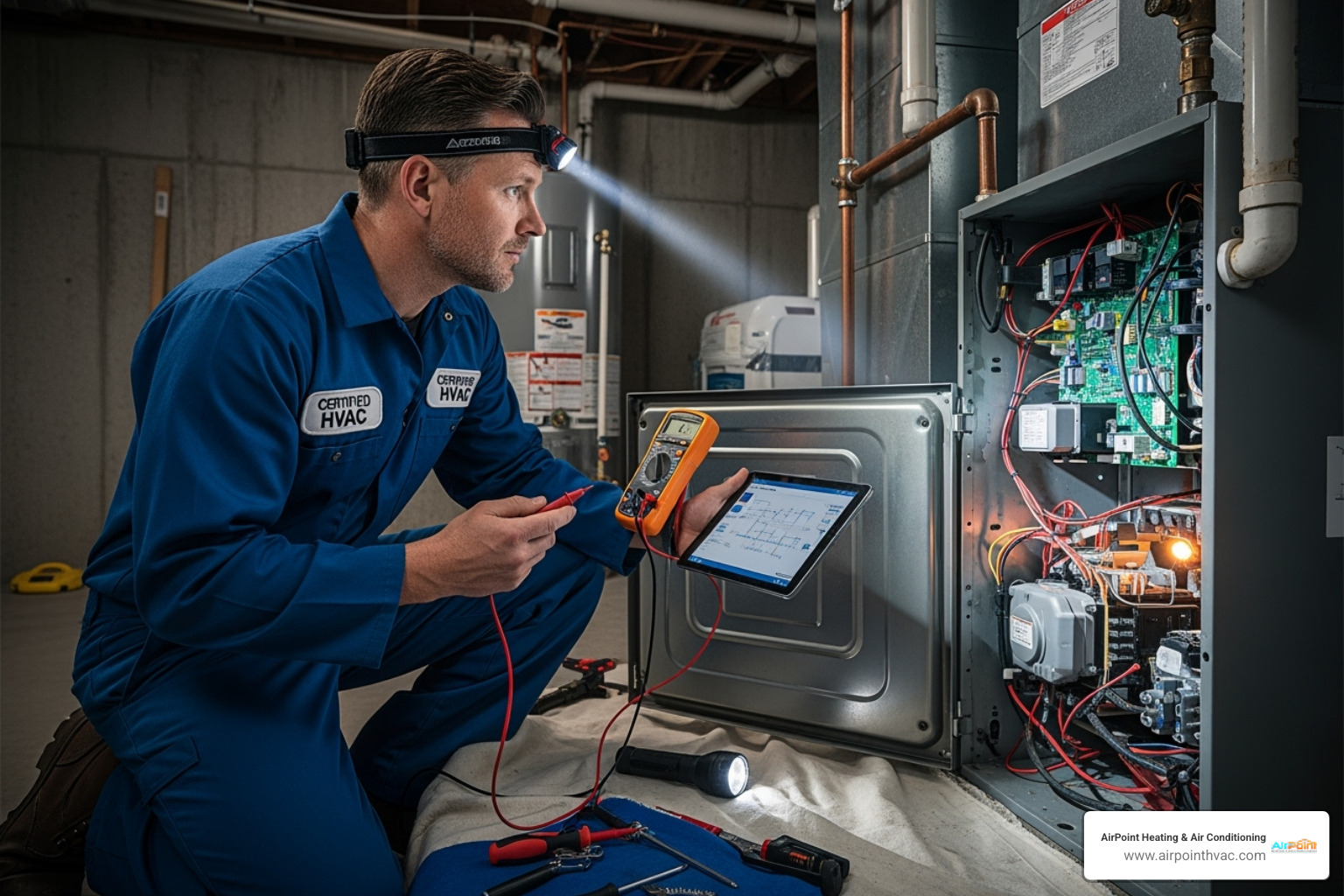 A certified HVAC technician using diagnostic tools to inspect the internal components of a furnace, with a tablet displaying data. - furnace repair huntington beach