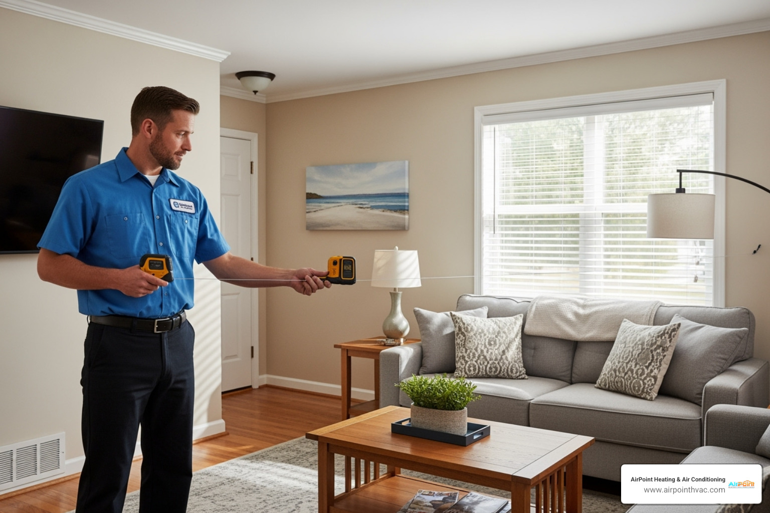 A technician measuring a room for a ductless AC installation - Ductless AC Huntington Beach