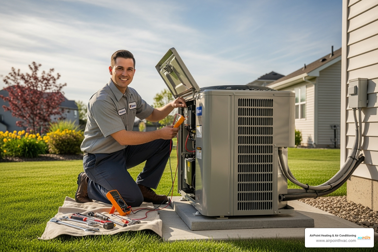 friendly technician servicing an outdoor air conditioning unit - HVAC contractor Huntington Beach