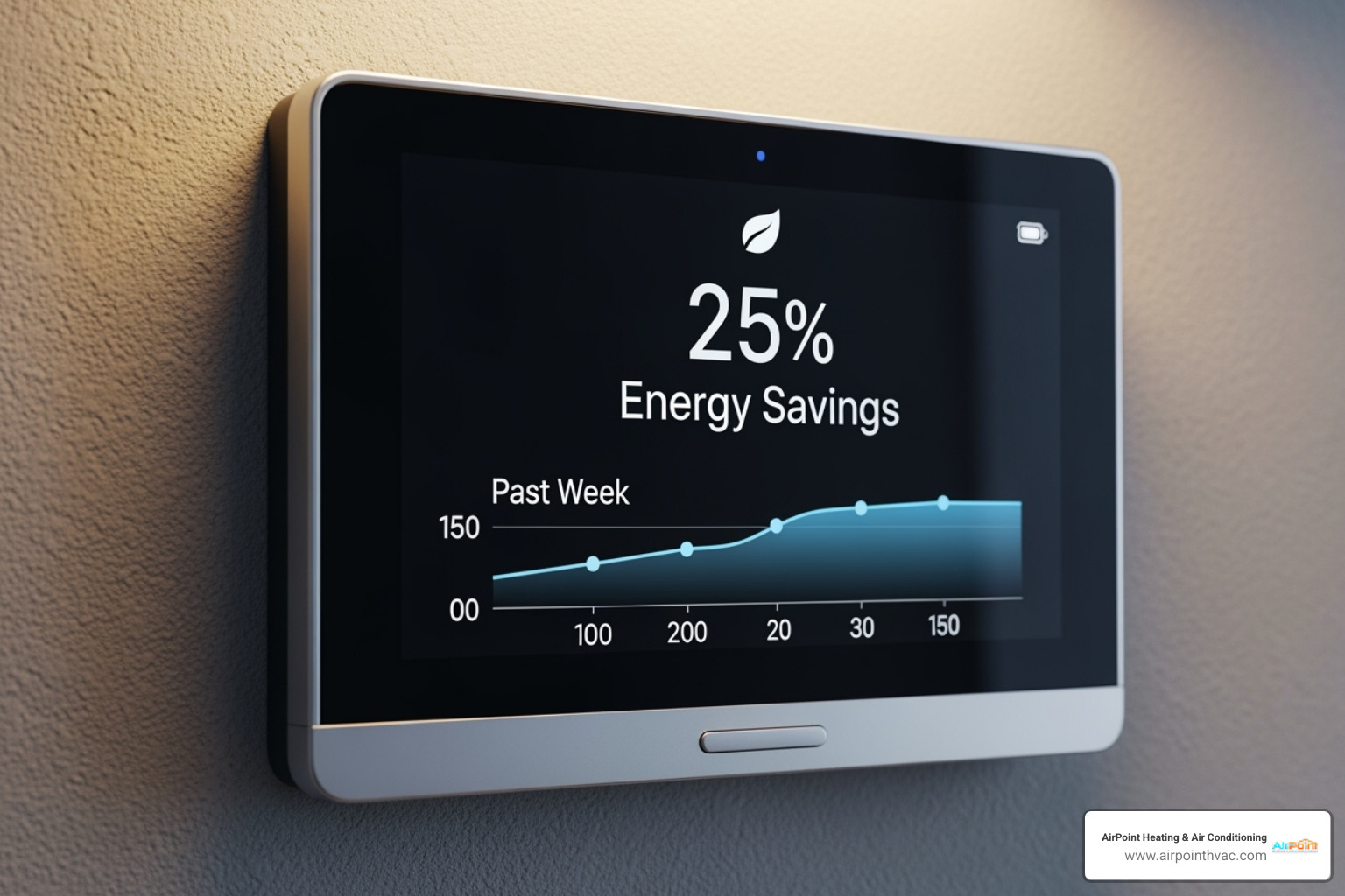 modern smart thermostat displaying energy savings - HVAC contractor Huntington Beach