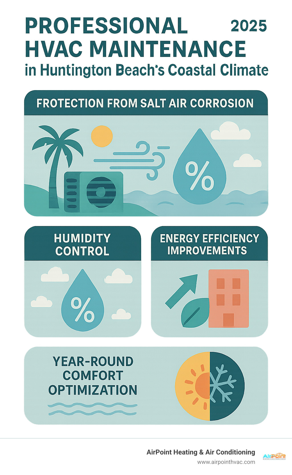 Infographic showing the benefits of professional HVAC maintenance in Huntington Beach's coastal climate, including protection from salt air corrosion, humidity control, energy efficiency improvements, and year-round comfort optimization - HVAC contractor Huntington Beach infographic 