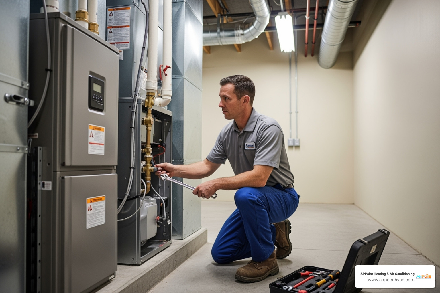 A certified HVAC technician carefully installing a new, modern furnace system in a clean, well-lit utility space - furnace installation in huntington beach