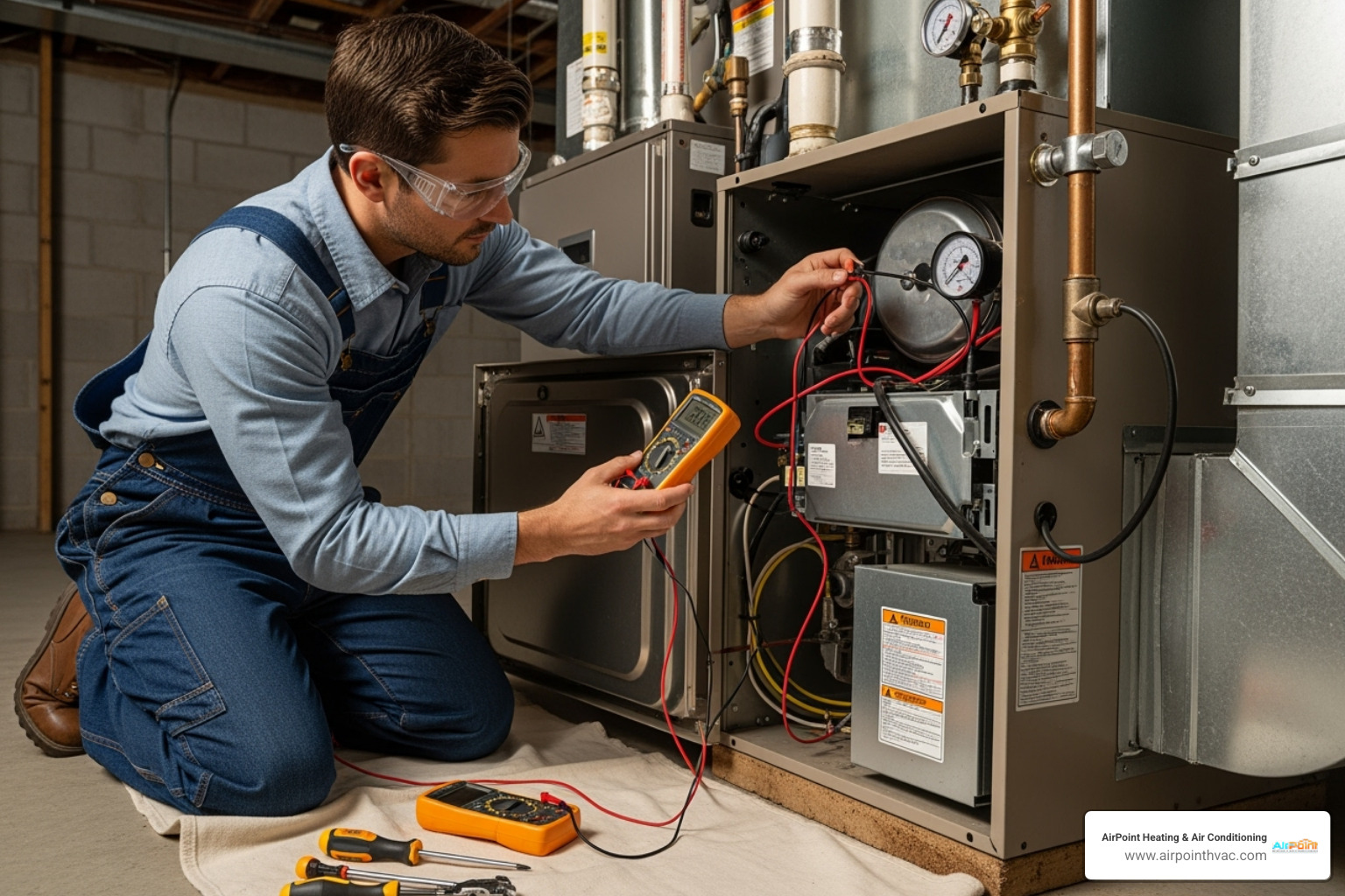 A skilled HVAC technician performing a thorough furnace tune-up, checking components and ensuring optimal performance - furnace installation in huntington beach