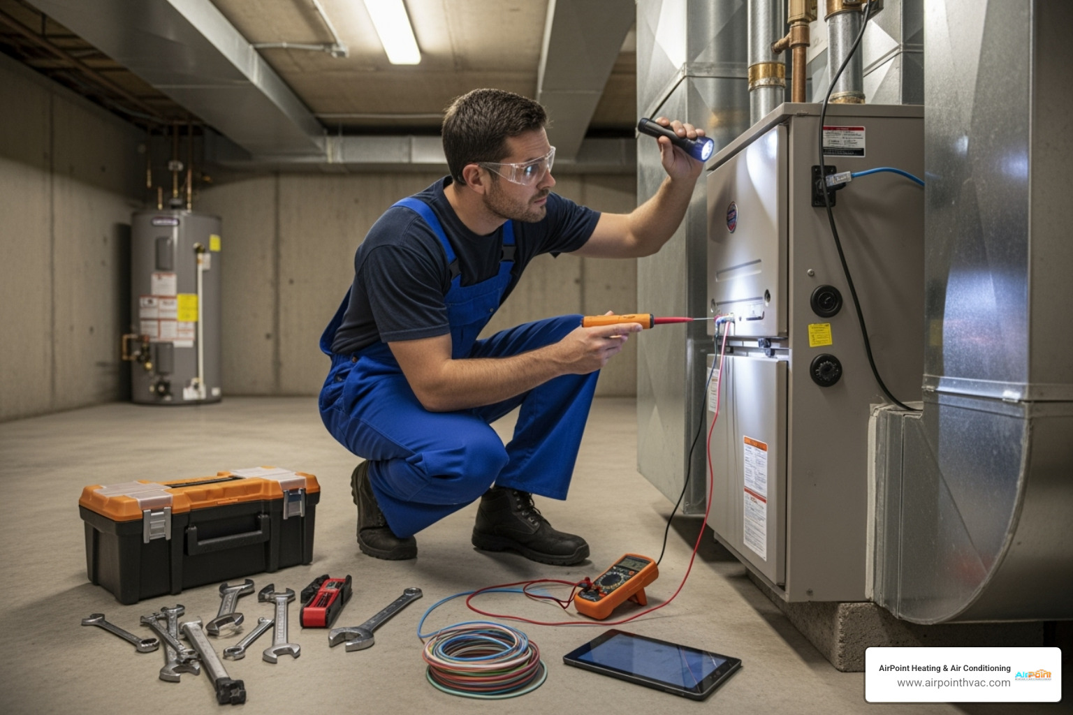 technician inspecting heating unit - heater repair Huntington Beach
