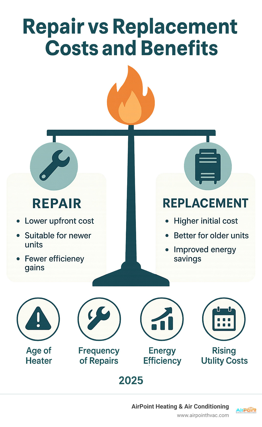 comparison of repair vs replacement costs and benefits - heater repair Huntington Beach infographic 