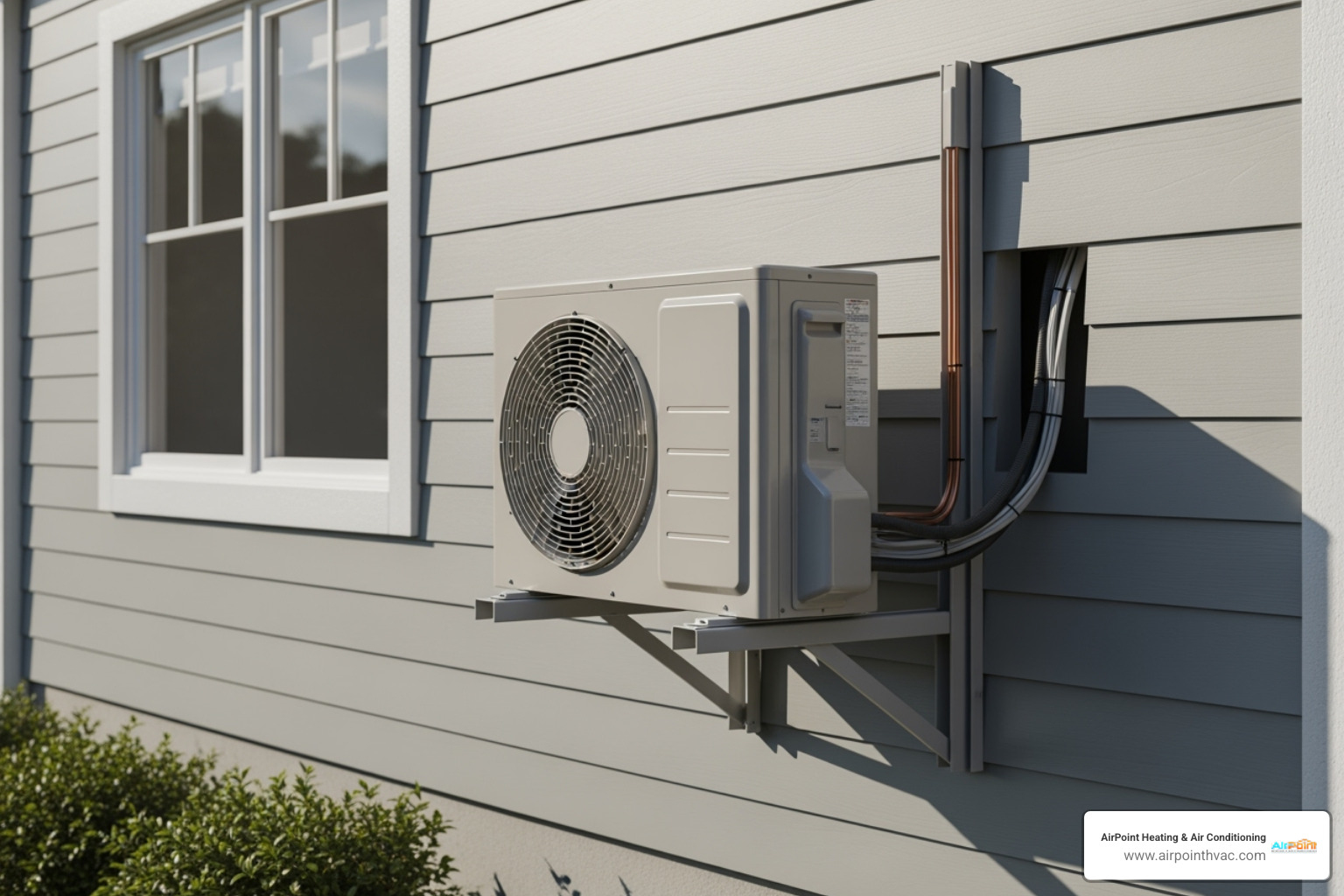 an outdoor condenser unit mounted on a wall bracket - mini split AC installation