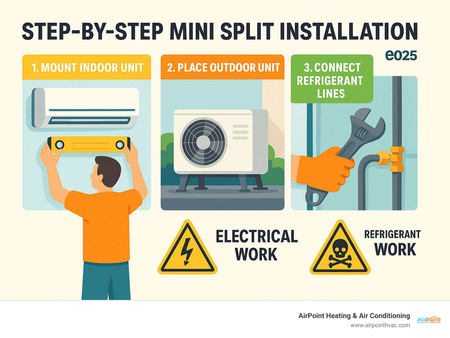Step-by-step mini split installation process showing indoor unit mounting, outdoor unit placement, and refrigerant line connections with safety warnings for electrical and refrigerant work - mini split AC installation infographic 