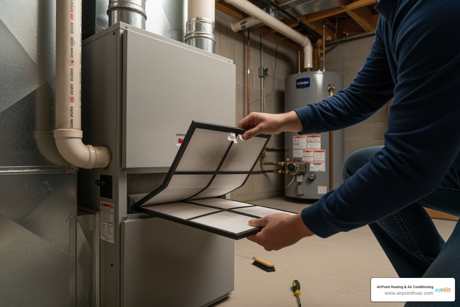 Homeowner changing a furnace filter - HVAC preventative maintenance Homeowner changing a furnace filter - HVAC preventative maintenance